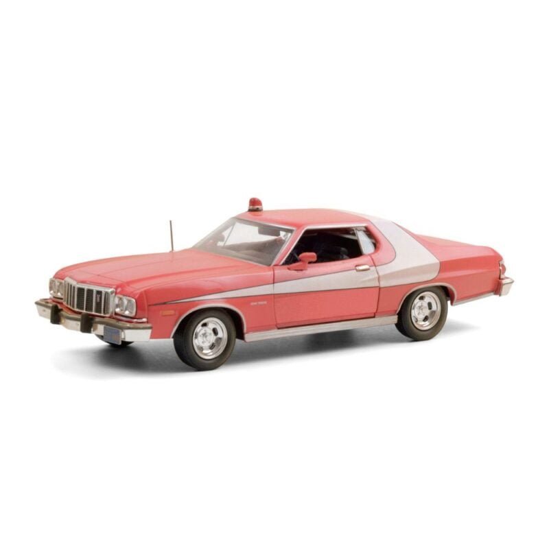 Miniatura coche Ford Gran Torino 1976 rojo con raya blanca sucio de la serie Starsky & Hutch a escala 1/24 Greenlight