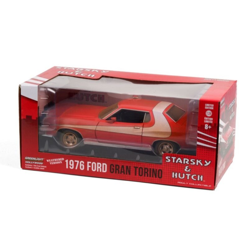 Miniatura coche Ford Gran Torino 1976 rojo con raya blanca sucio de la serie Starsky & Hutch a escala 1/24 Greenlight con caja de cartón expositora