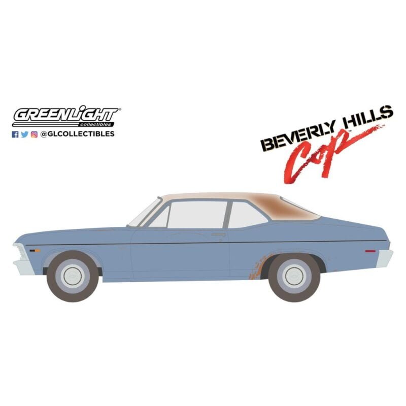 Ilustración coche azul y blanco Chevrolet Nova 1970 de la película Superdetective en Hollywood Greenlight