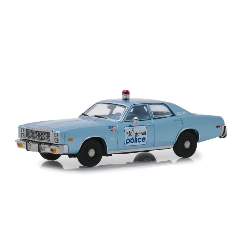 Miniatura coche policía azul Plymouth Fury Policía de Detroit 1977 de la película Superdetective en Hollywood a escala 1/43 Greenlight