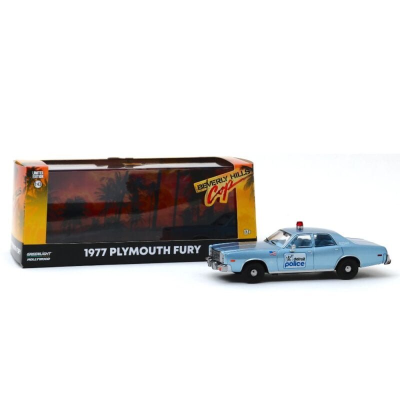 Miniatura coche policía azul Plymouth Fury Policía de Detroit 1977 de la película Superdetective en Hollywood a escala 1/43 Greenlight con urna transparente con peana