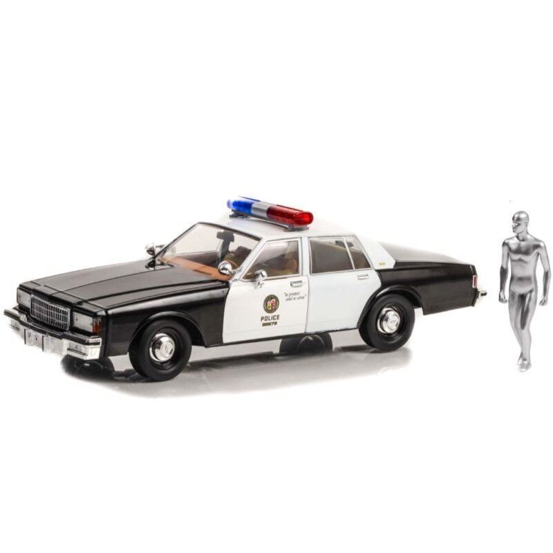 Miniatura coche blanco y negro Policía Metropolitana Chevrolet Caprice 1991 con figura endoesqueleto T1000 de la película Terminator 2 a escala 1/18 Greenlight