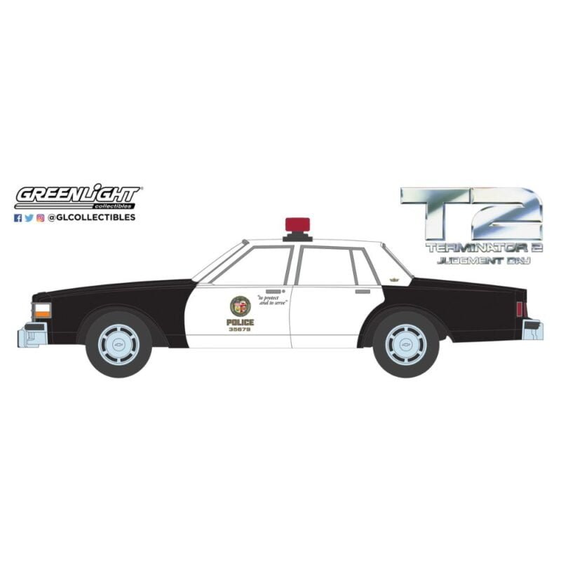 Ilustración coche blanco y negro Policía Metropolitana Chevrolet Caprice 1991 de la película Terminator 2 Greenlight