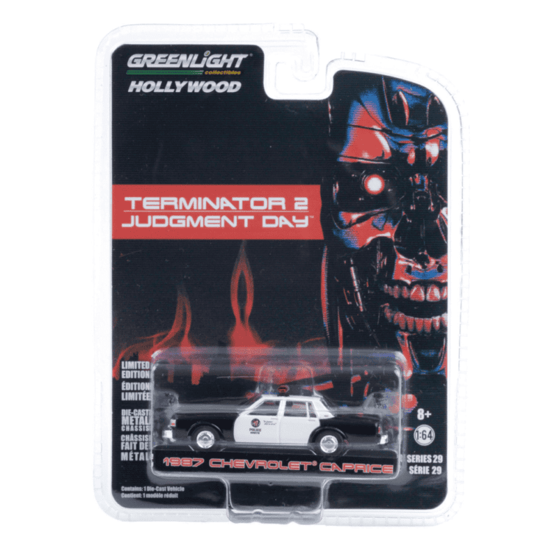 Miniatura coche blanco y negro Policía Metropolitana Chevrolet Caprice 1991 de la película Terminator 2 a escala 1/64 Greenlight con blister sellado