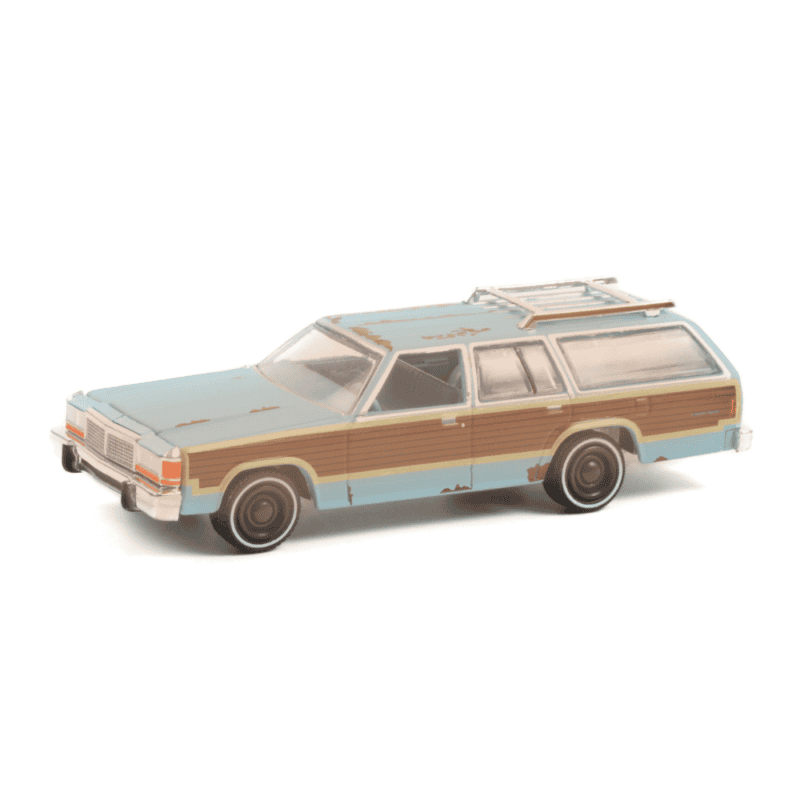 Miniatura coche ranchera azul y marrón madera Ford LTD Country Squire 1971 de la película Terminator 2 a escala 1/64 Greenlight