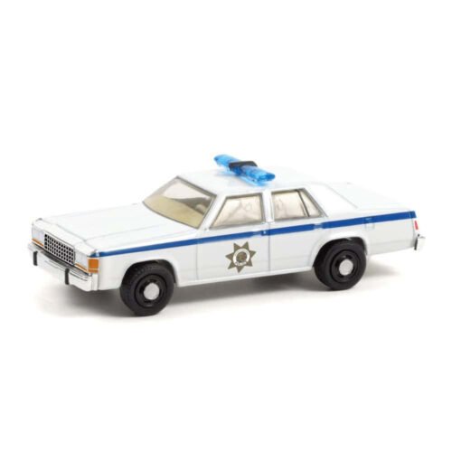 Miniatura coche policía blanco Ford LTD Crown Victoria 1983 de la película Terminator 2 a escala 1/64 Greenlight