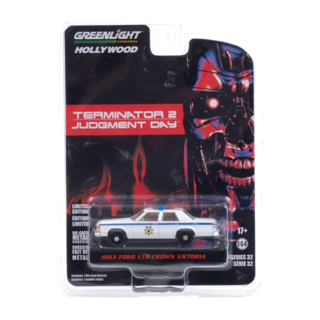 Miniatura coche policía blanco Ford LTD Crown Victoria 1983 de la película Terminator 2 a escala 1/64 Greenlight con blister sellado