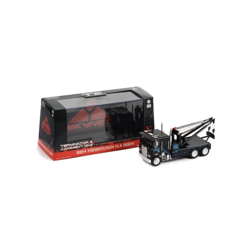 Miniatura camión grúa negra Freightliner FLA 9664 1991 de la película Terminator 2 a escala 1/43 Greenlight con urna transparente