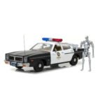 Miniatura Terminator coche de Policía Metropolitana Dodge Monaco 1977 con figura endoesqueleto T800 a escala 1/18 Greenlight