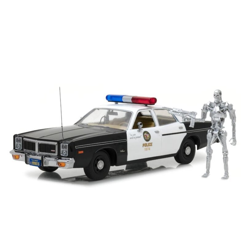 Miniatura coche blanco y negro Policía Metropolitana Dodge Monaco 1977 con figura endoesqueleto T800 de la película Terminator a escala 1/18 Greenlight