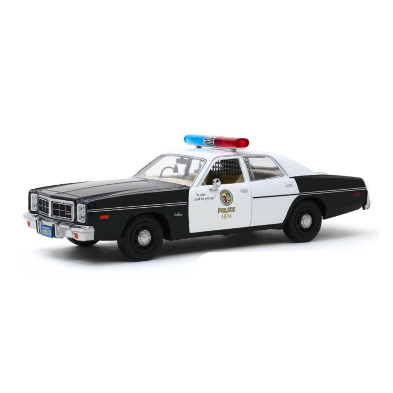 Miniatura coche blanco y negro Policía Metropolitana Dodge Monaco 1977 de la película Terminator a escala 1/24 Greenlight