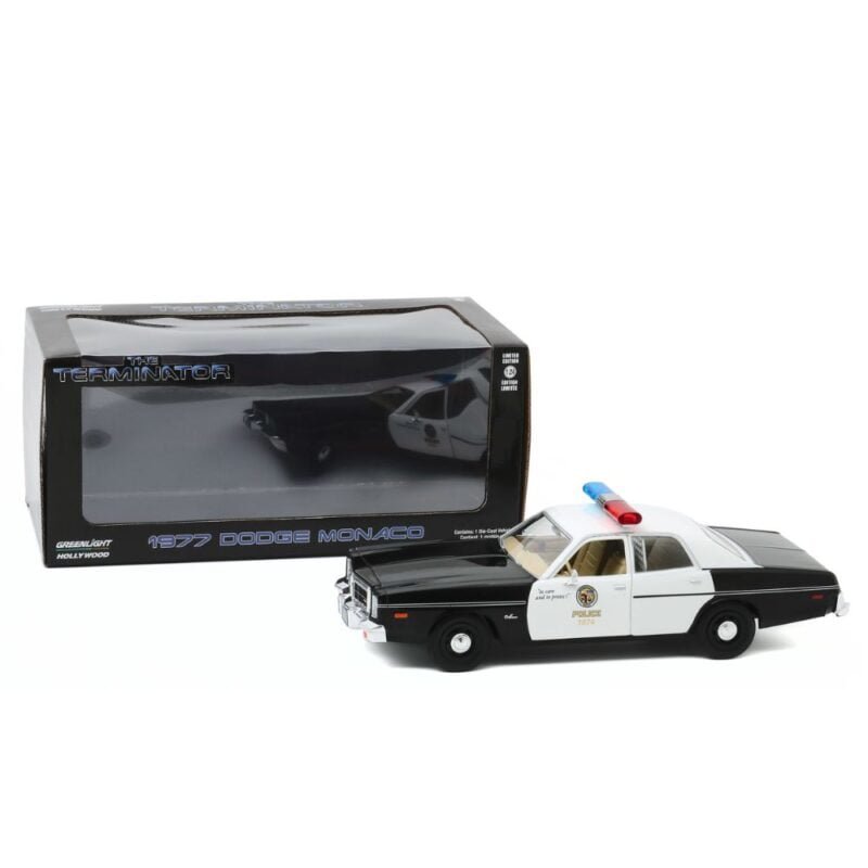 Miniatura coche blanco y negro Policía Metropolitana Dodge Monaco 1977 de la película Terminator a escala 1/24 Greenlight con caja de cartón expositora