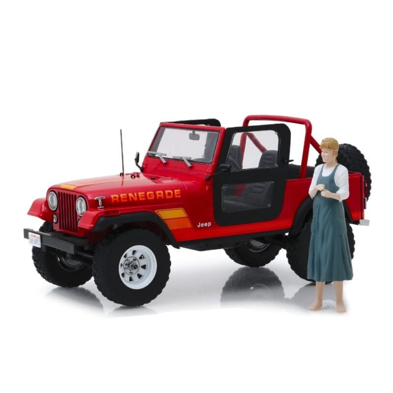 Miniatura coche todoterreno rojo Jeep CJ-7 Renegade 1983 con figura Sarah Connor de la película Terminator a escala 1/18 Greenlight