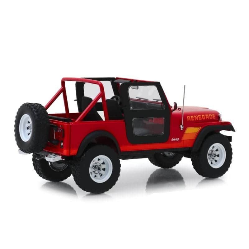 Miniatura coche todoterreno rojo Jeep CJ-7 Renegade 1983 con figura Sarah Connor de la película Terminator a escala 1/18 Greenlight