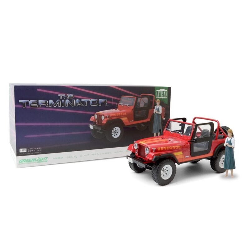 Miniatura coche todoterreno rojo Jeep CJ-7 Renegade 1983 con figura Sarah Connor de la película Terminator a escala 1/18 Greenlight con caja de cartón