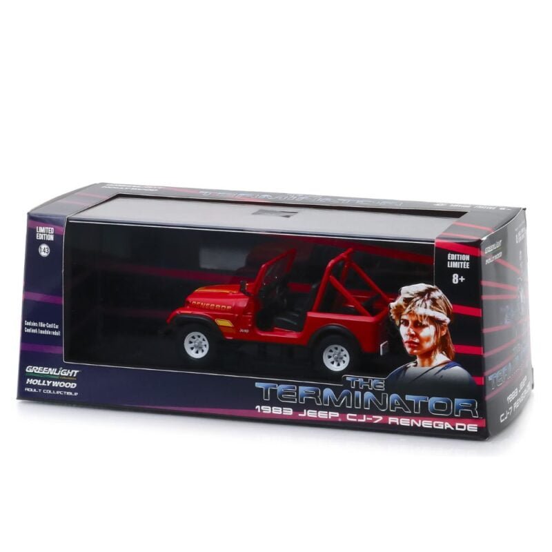 Miniatura coche todoterreno rojo de Sarah Connor Jeep CJ-7 Renegade 1983 de la película Terminator a escala 1/43 Greenlight con urna transparente