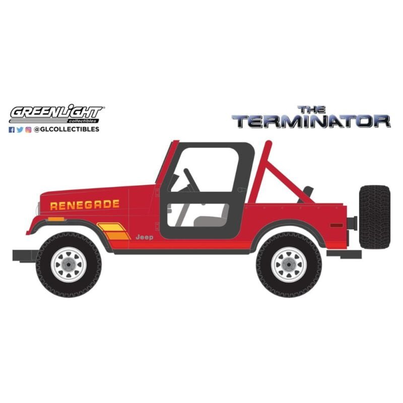 Ilustración coche todoterreno rojo Jeep CJ-7 Renegade 1983 de la película Terminator Greenlight