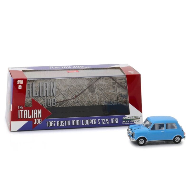 Miniatura coche azul Mini Cooper Austin S 1275 MKI de la película The Italian Job (1969) a escala 1/43 Greenlight con urna transparente