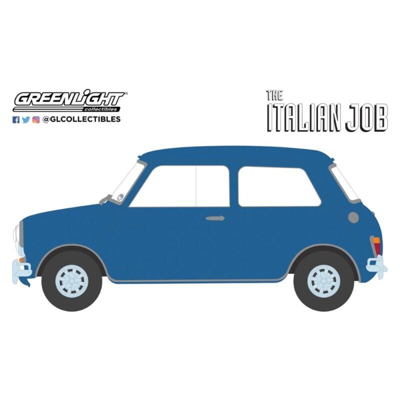 Ilustración coche azul Mini Cooper Austin S 1275 MKI de la película The Italian Job (1969) Greenlight