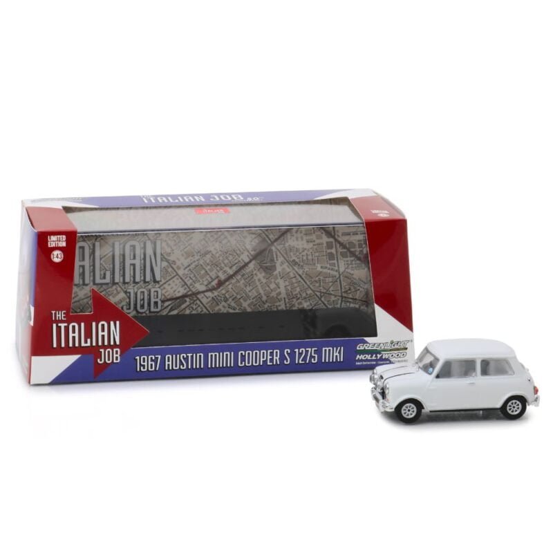 Miniatura coche blanco Mini Cooper Austin S 1275 MKI de la película The Italian Job (1969) a escala 1/43 Greenlight con urna transparente