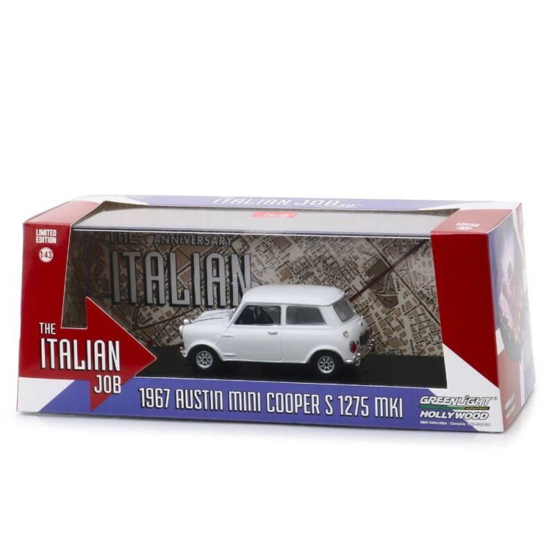 Miniatura coche blanco Mini Cooper Austin S 1275 MKI de la película The Italian Job (1969) a escala 1/43 Greenlight con urna transparente