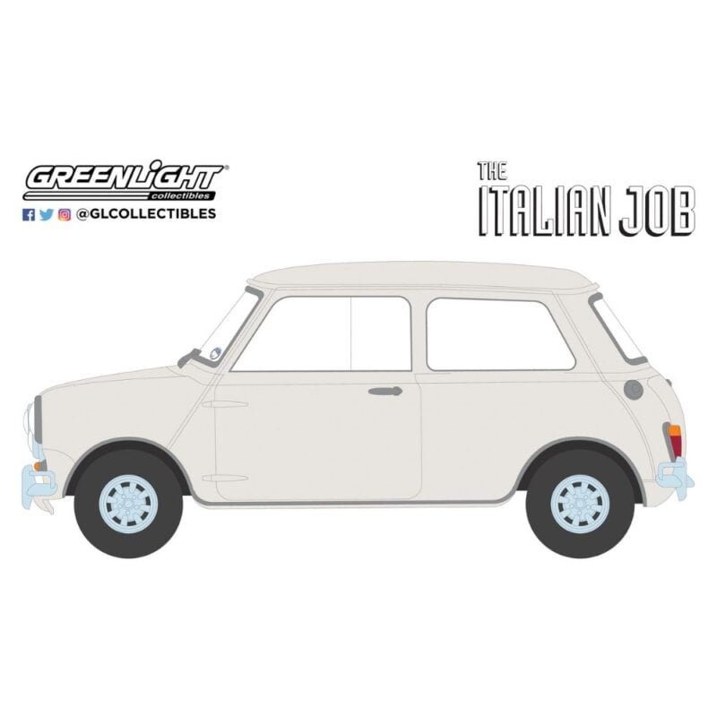 Ilustración coche blanco Mini Cooper Austin S 1275 MKI de la película The Italian Job (1969) Greenlight