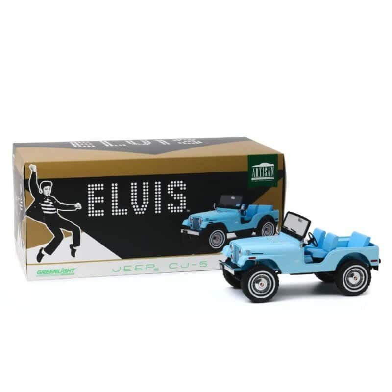 Miniatura coche todoterreno descapotable azul Jeep CJ-5 conducido por Elvis en la película Tickle Me a escala 1/18 Greenlight con caja de cartón