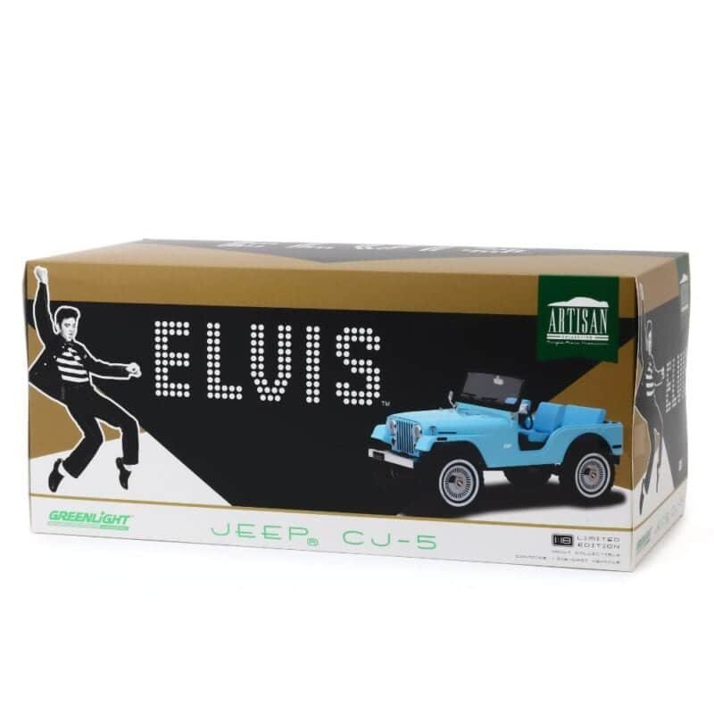 Miniatura coche todoterreno descapotable azul Jeep CJ-5 conducido por Elvis en la película Tickle Me a escala 1/18 Greenlight con caja de cartón