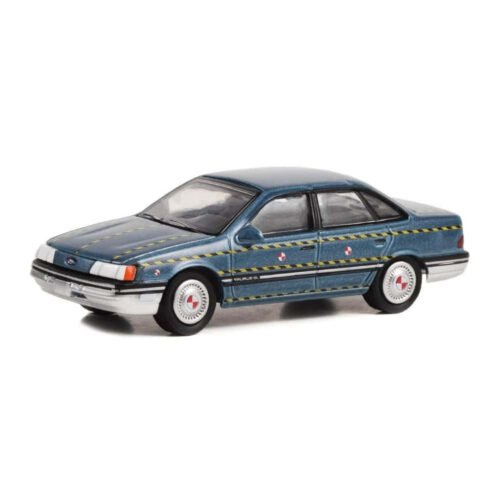 Miniatura coche Ford Taurus 1986 azul con rayas amarillas de la película Tommy Boy a escala 1/64 Greenlight