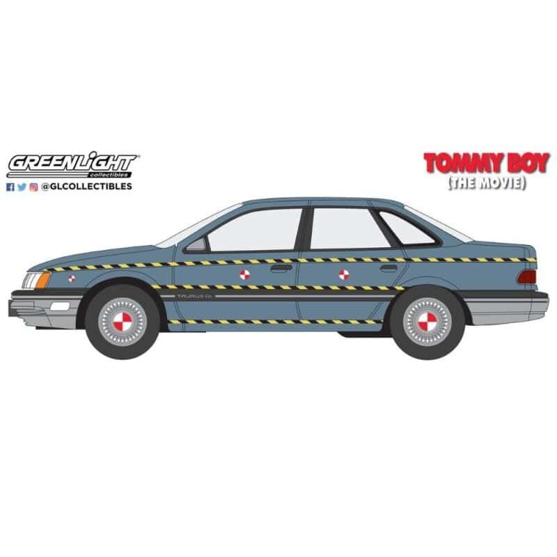 Ilustración coche Ford Taurus 1986 azul con rayas amarillas de la película Tommy Boy Greenlight