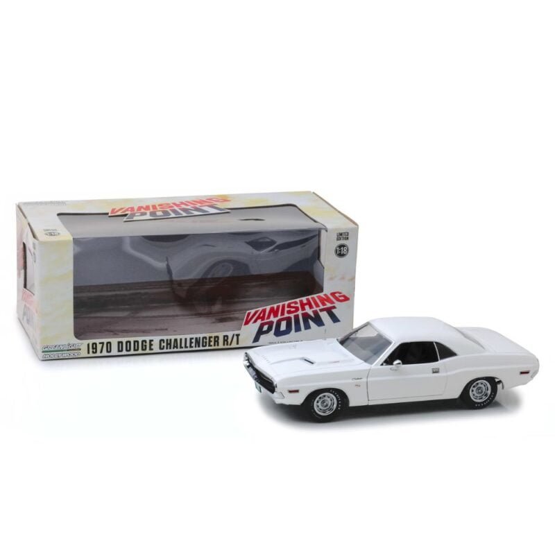 Miniatura coche blanco Dodge Challenger R/T 1971 de la película Vanishing Point a escala 1/18 Greenlight con caja de cartón expositora