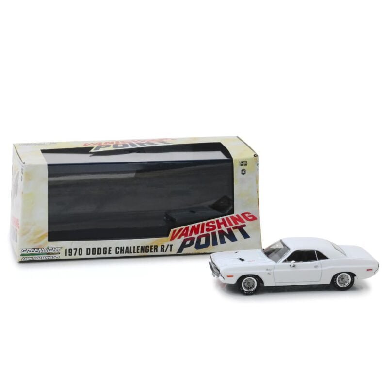 Miniatura coche blanco Dodge Challenger R/T 1971 de la película Vanishing Point a escala 1/43 Greenlight con urna transparente