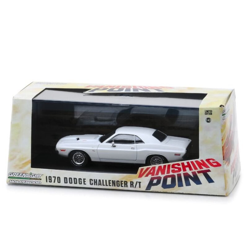 Miniatura coche blanco Dodge Challenger R/T 1971 de la película Vanishing Point a escala 1/43 Greenlight con urna transparente