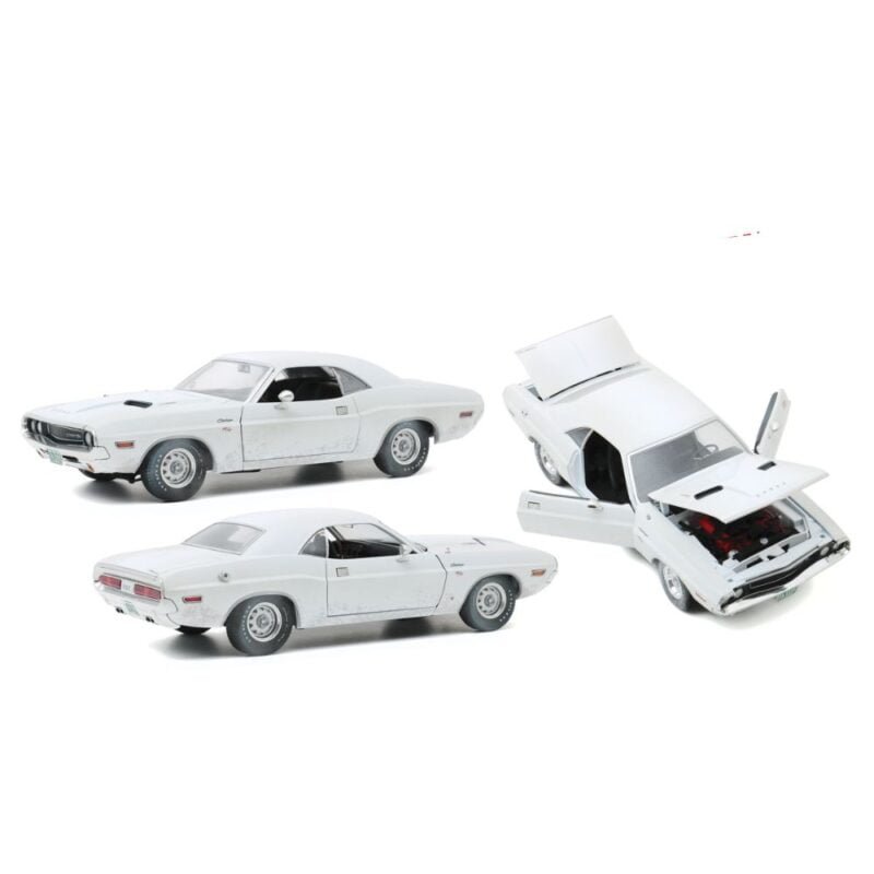 Miniatura coche blanco Dodge Challenger R/T 1971 sucio de la película Vanishing Point a escala 1/18 Greenlight