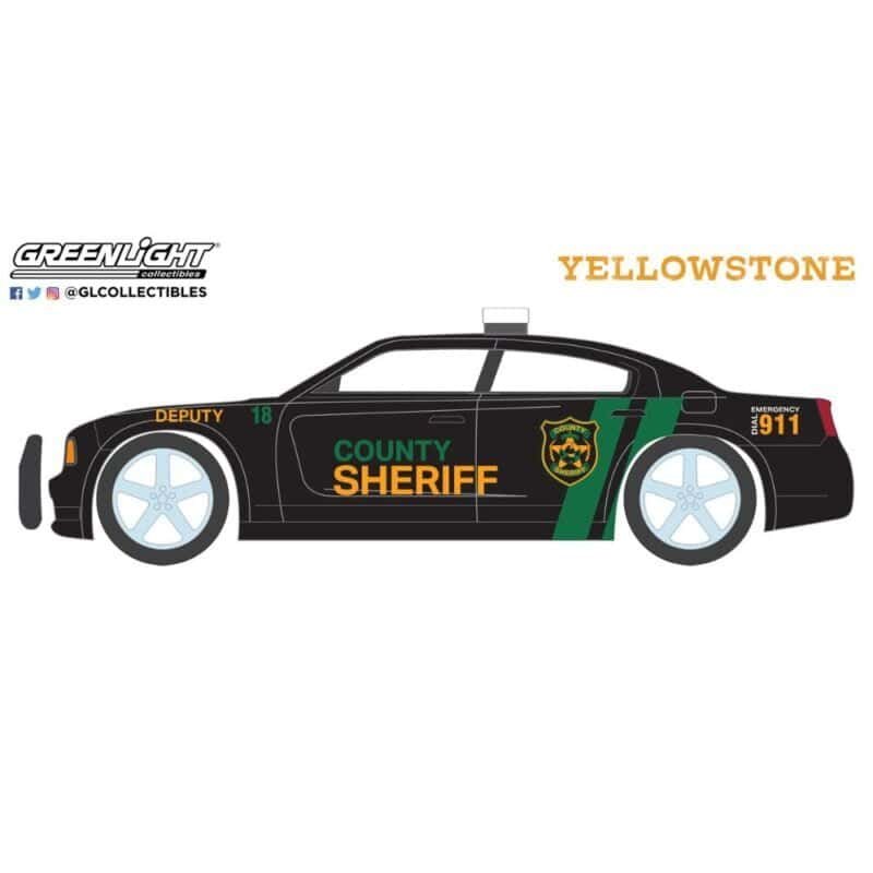 Ilustración coche de policía negro Dodge Charger Pursuit 2011 County Sheriff de la serie Yellowstone Greenlight