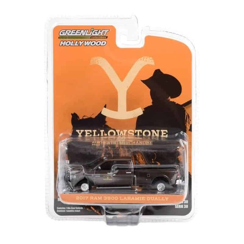 Miniatura camioneta negra Ram 3500 Laramie Dually del Yellowstone Dutton Range en la serie Yellowstone a escala 1/64 Greenlight en blister sellado