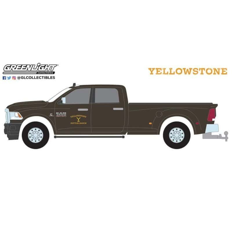 Ilustración camioneta negra Ram 3500 Laramie Dually del Yellowstone Dutton Range en la serie Yellowstone Greenlight