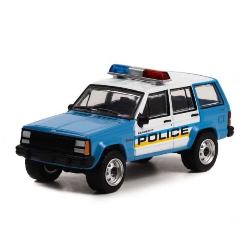 Miniatura coche de policía todoterreno Jeep Cherokee 1995 azul y blanco película 60 segundos a escala 1/64 Greenlight