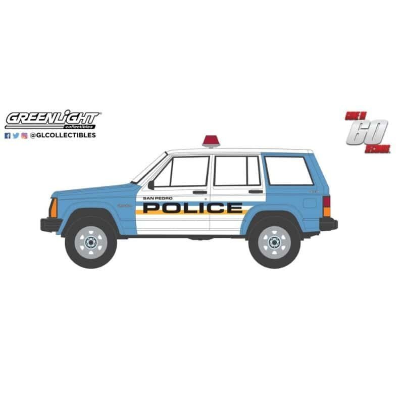 Ilustración coche de policía todoterreno Jeep Cherokee 1995 azul y blanco película 60 segundos a Greenlight