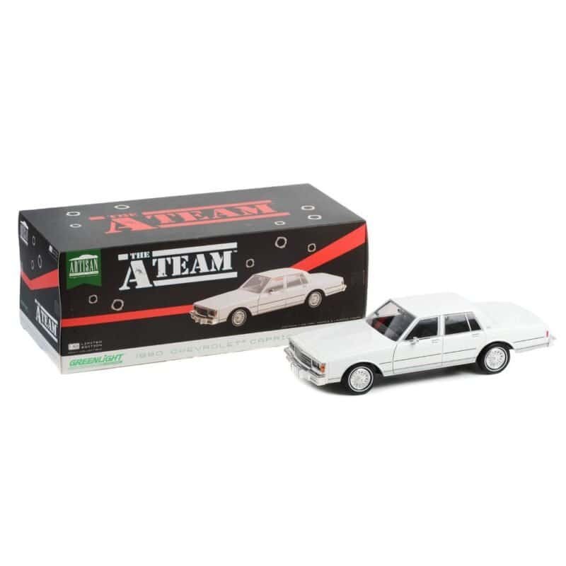 Coche Chevrolet Caprice 1980 blanco de la serie El Equipo A a escala 1/18 Greenlight