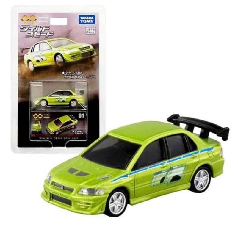 Miniatura coche amarillo Mitsubishi Lancer EVO VII 2002 de la película Fast & Furious a escala 1/64 Tomica