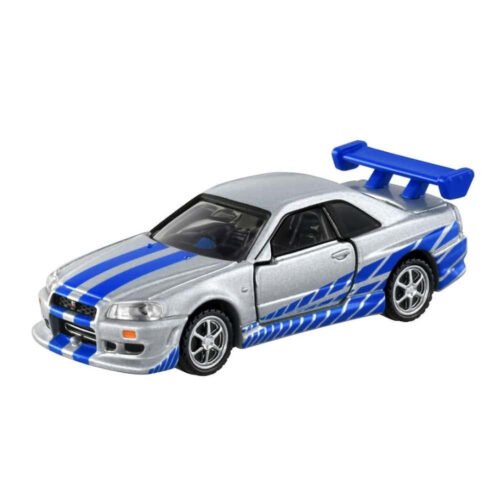Miniatura coche gris y azul Nissan Skyline BNR34 GT-R de la película Fast & Furious 2 a escala 1/64 Tomica