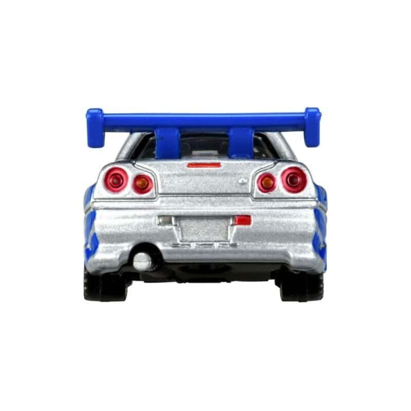 Miniatura coche gris y azul Nissan Skyline BNR34 GT-R de la película Fast & Furious a escala 1/64 Tomica