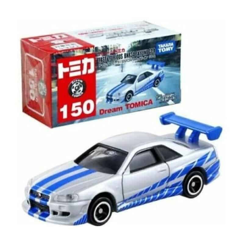 Miniatura coche gris y azul Nissan Skyline BNR34 GT-R de la película Fast & Furious a escala 1/64 Tomica