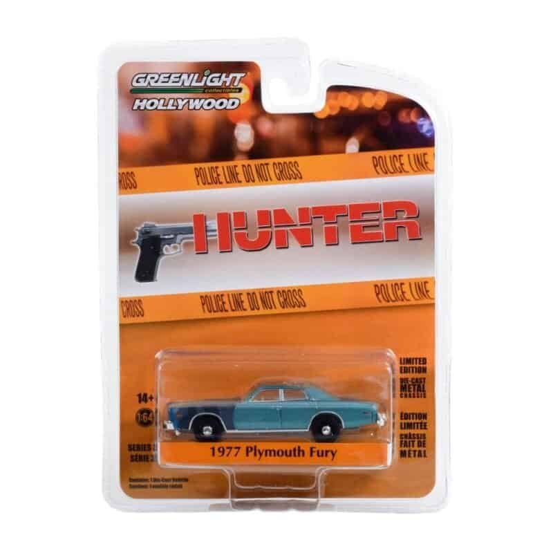 Miniatura coche Plymouth Fury 1977 azul de la serie Hunter a escala 1/64 Greenlight