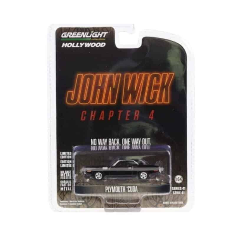 Miniatura coche Plymouth Cuda negro de la película John Wick 4 a escala 1/64 Greenlight