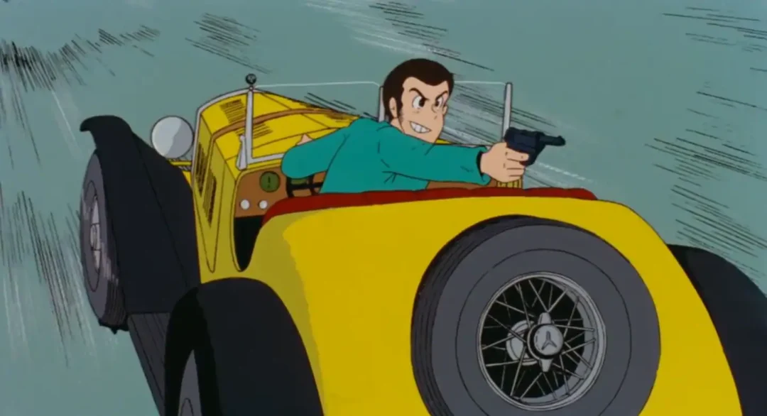 Coche descapotable amarillo Mercedes Benz SSK 1928 de la serie Lupin III