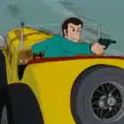 Coche descapotable amarillo Mercedes Benz SSK 1928 de la serie Lupin III