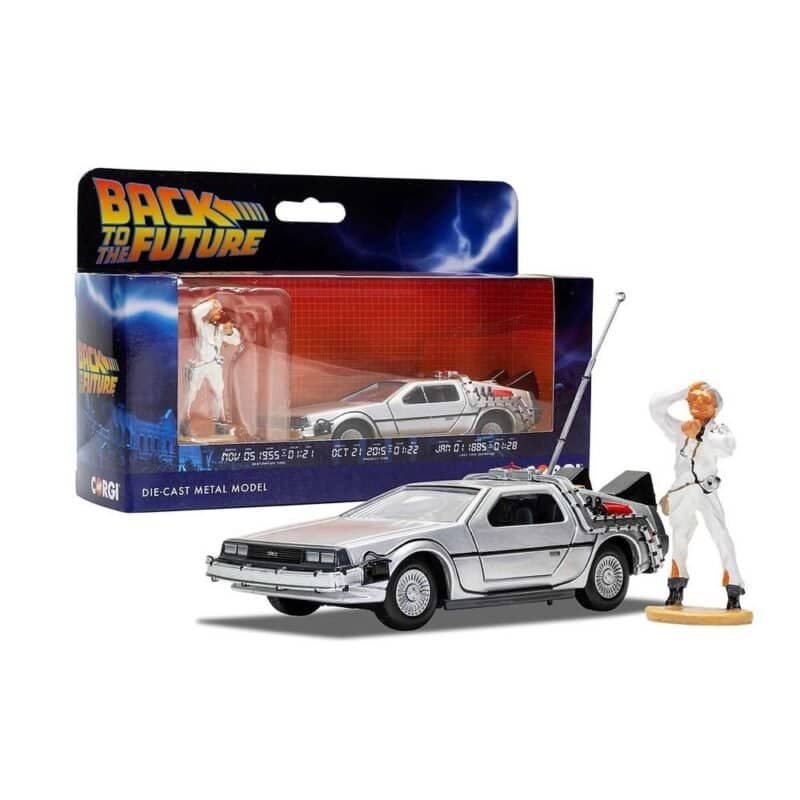 Miniatura coche DeLorean de la película Regreso al futuro con figura Doc a escala 1/36 Corgi