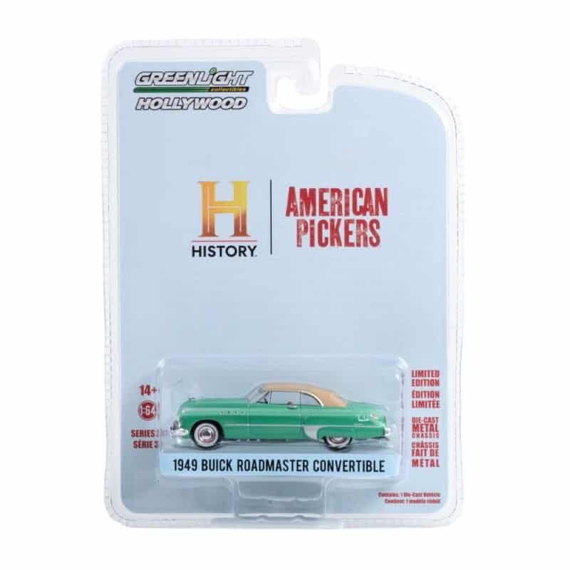 Miniatura coche verde descapotable Buick Roadmaster 1949 de la serie American Pickers a escala 1/64 Greenlight